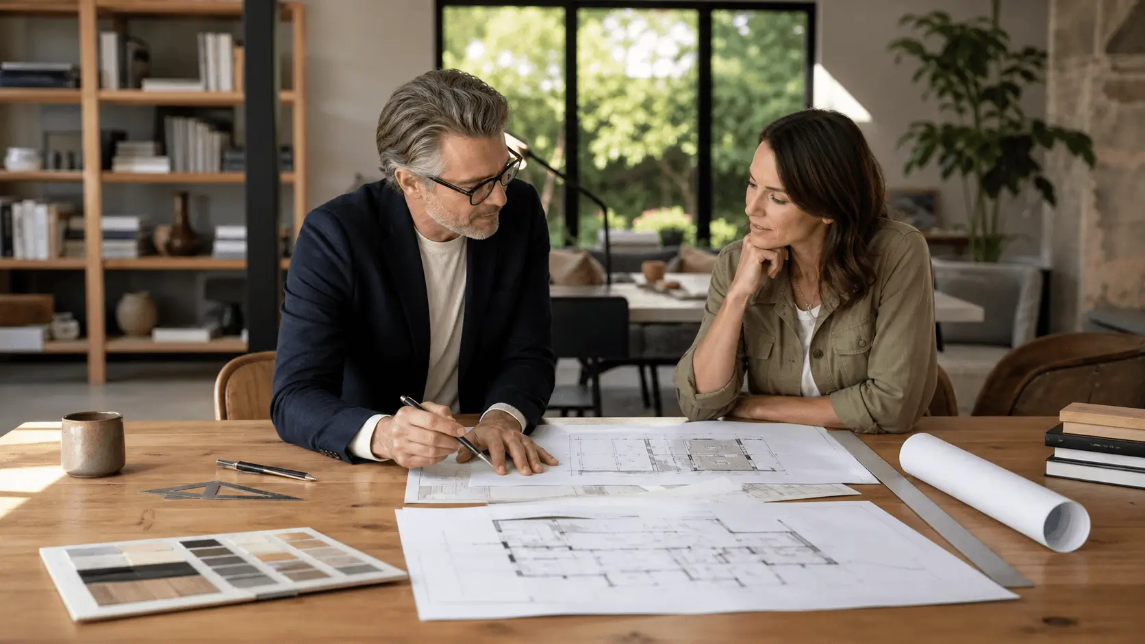 Architecte consultant des plans de maison avec un particulier