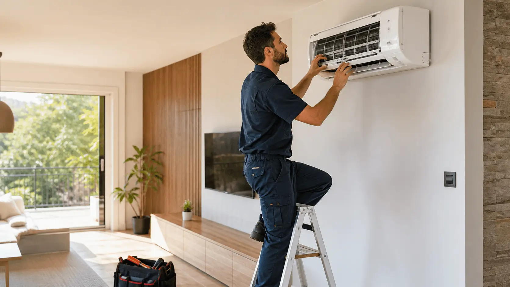 Climaticien intervenant sur une climatisation murale dans un logement