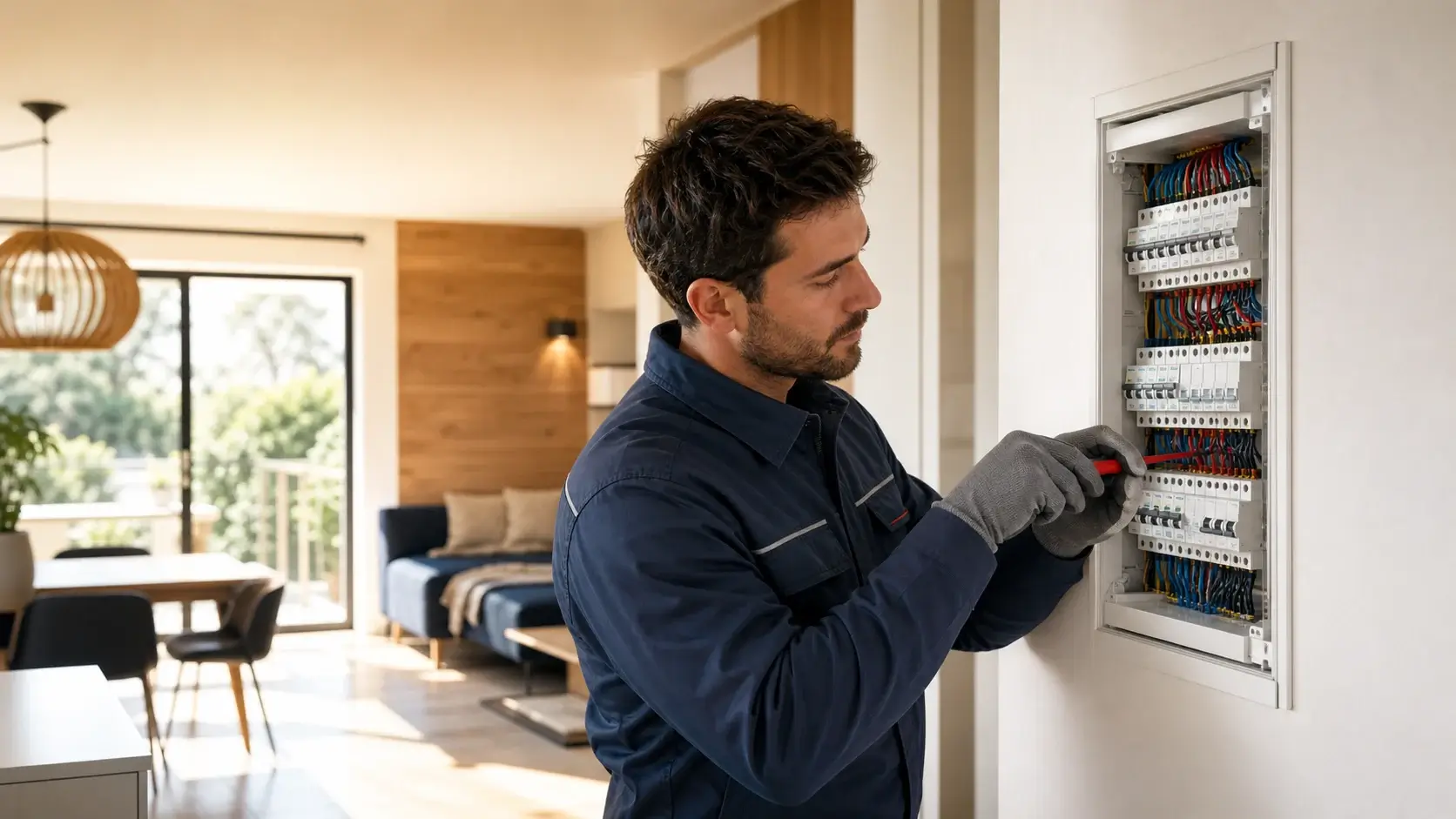 Électricien consultant un plan technique de chantier sur tablette